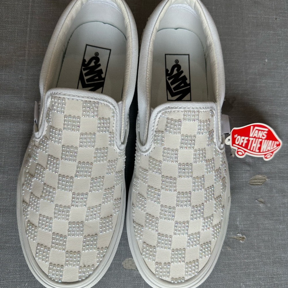 White Custom Wedding Vans Slip-On Checkerboard Sneakers